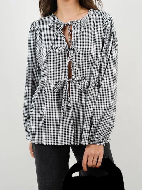 'Adalet' Linen Look Tie Front Smock Blouse - Celes Fashion